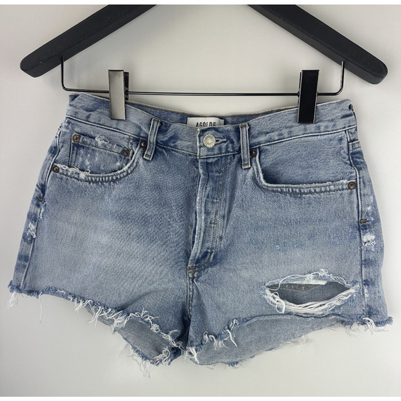 Agolde Parker Cut Off Distressed Jean Shorts Raw Hem Blue Denim Women's Size 27 - Picture 12 of 12